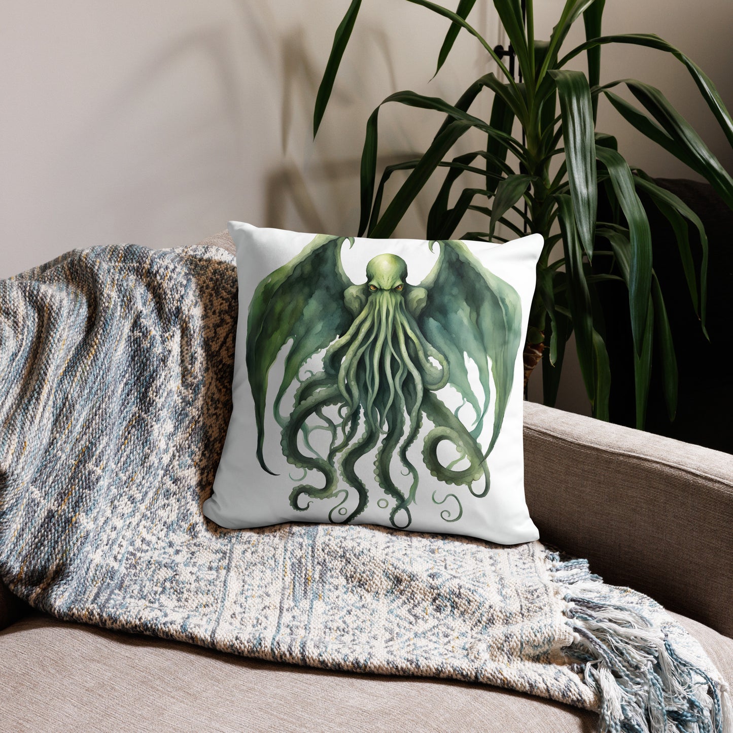 Funda de almohada con pintura de acuarela de Cthulhu