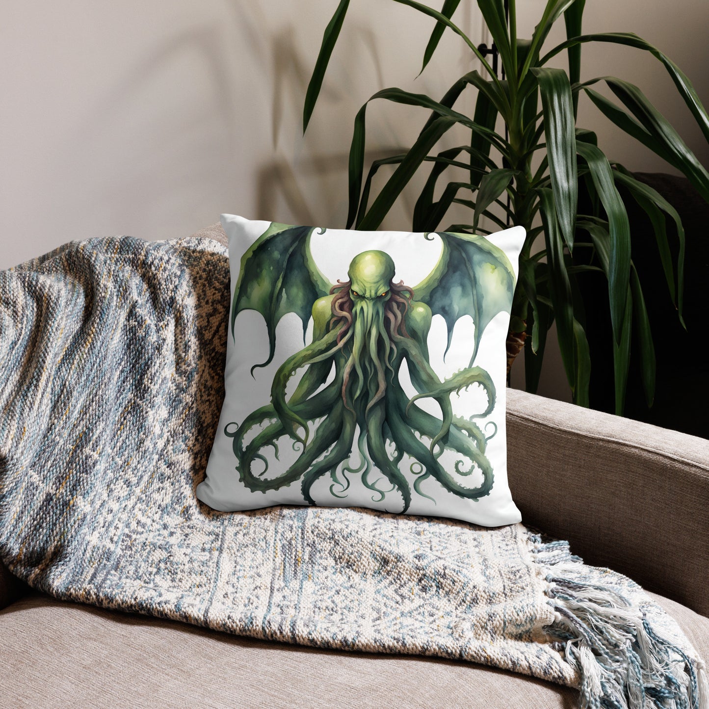 Funda de almohada con pintura de acuarela de Cthulhu