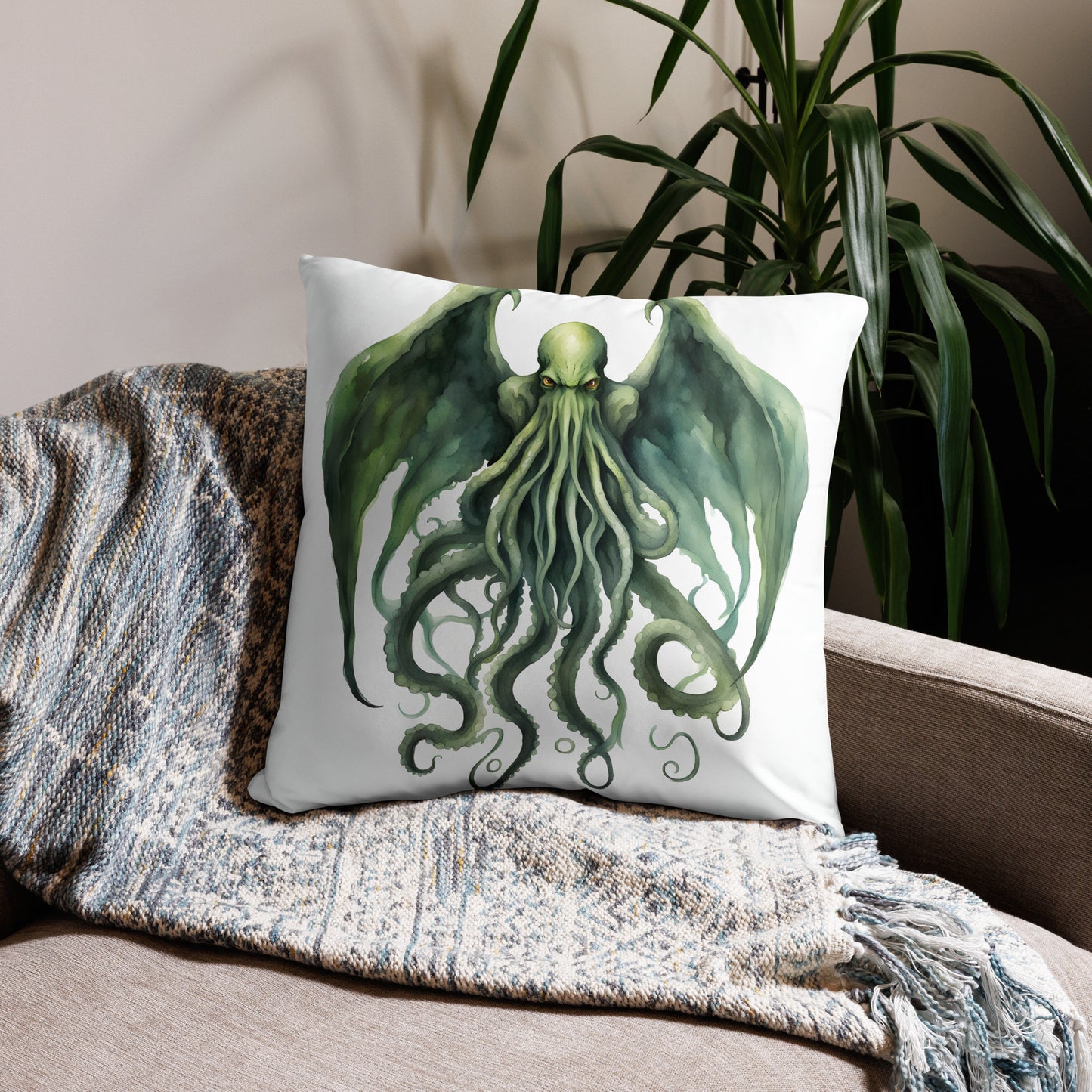 Funda de almohada con pintura de acuarela de Cthulhu